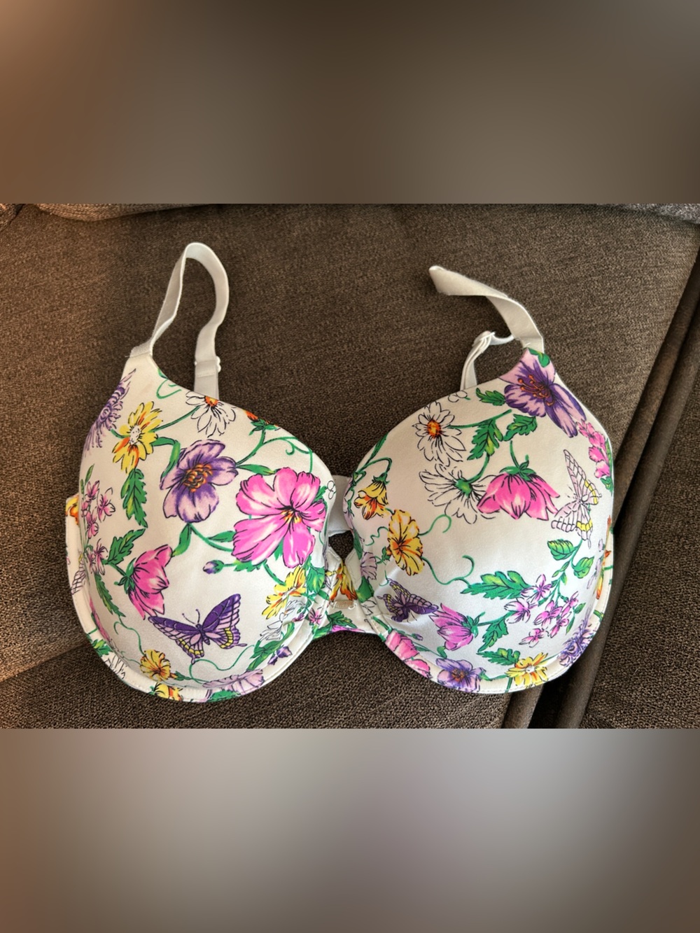 Victoria's Secret White Floral Printed T-Shirt Bra with Pink & Purple Flowers